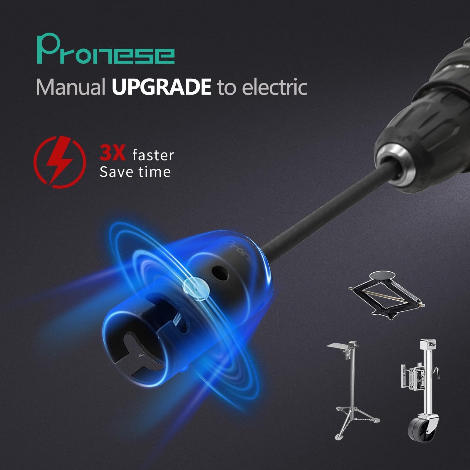 Pronese 1 Inch Trailer Jack Drill Adapter with Two 1/2 Socket Black