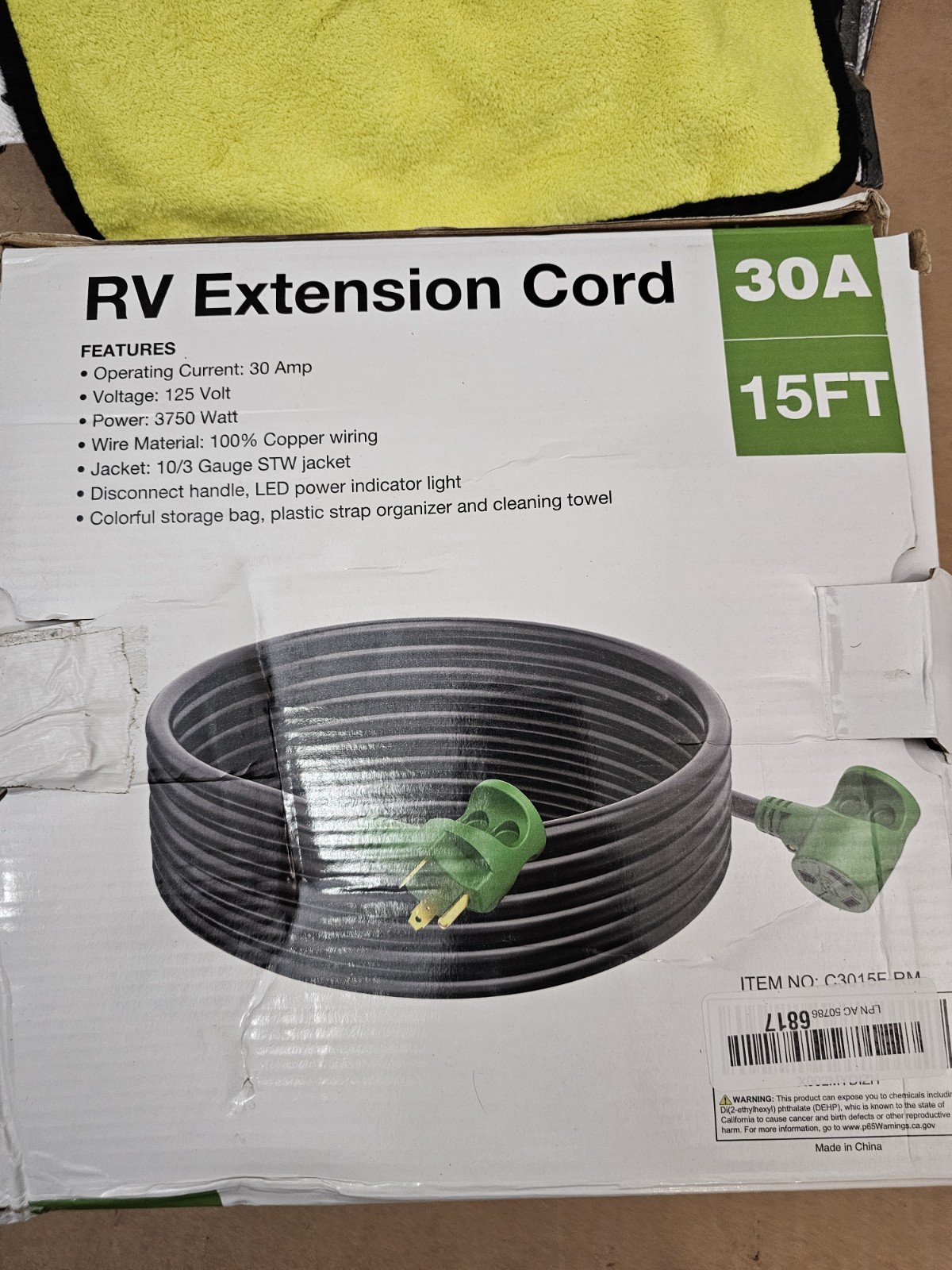 RV Power Extension Cord 15FT with LED Light Rvmate