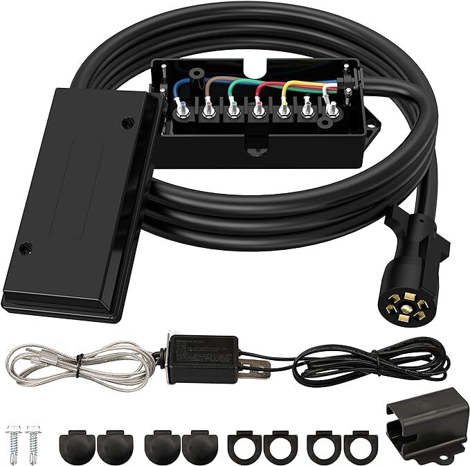 7 Way 8 Foot Trailer Cord with 7 Gang Junction Box Kit,Include 12V Breakaway
