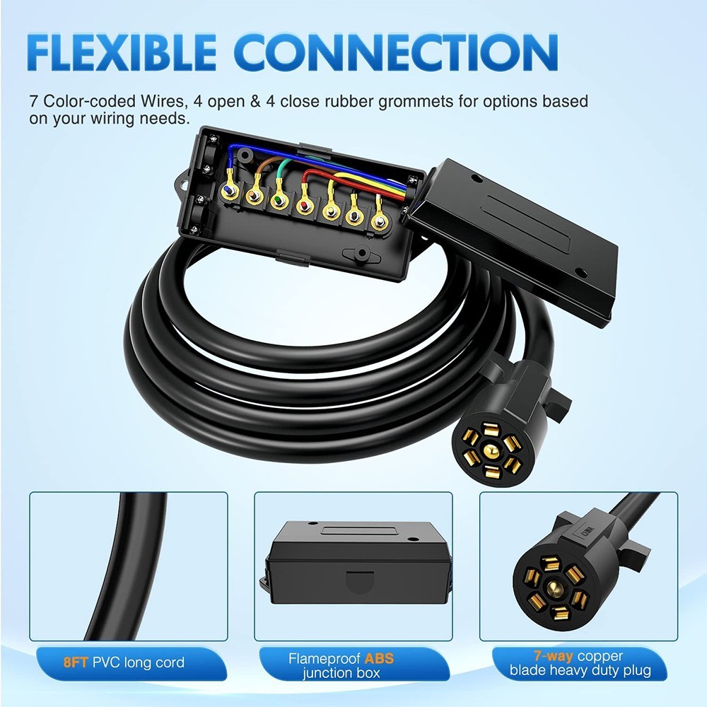 7ft 8ft 10ft Trailer Cord 7 Way Plug Inline Junction Box Wiring Harness Kit