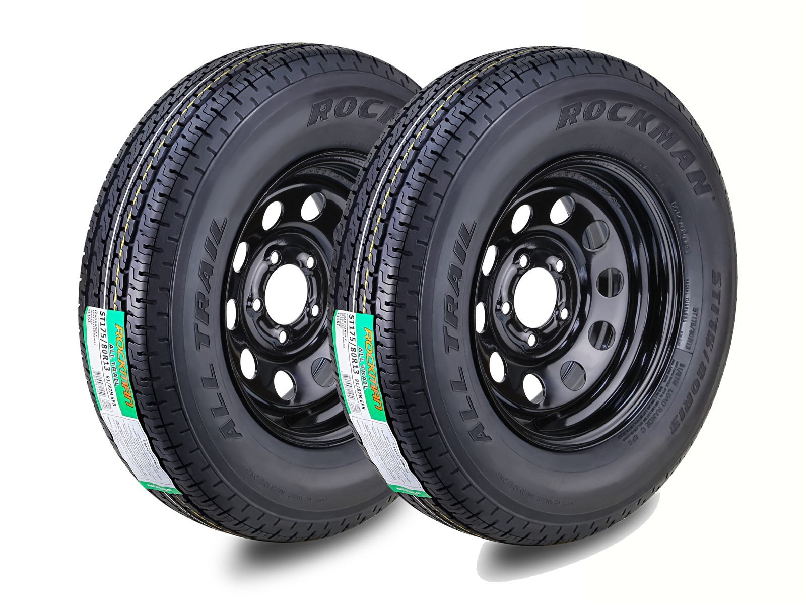 2 ROCKMAN Trailer Tire Wheel ST175/80R13 6-Ply C 91M 5 Lug x 4.5″ Black Mod Rim