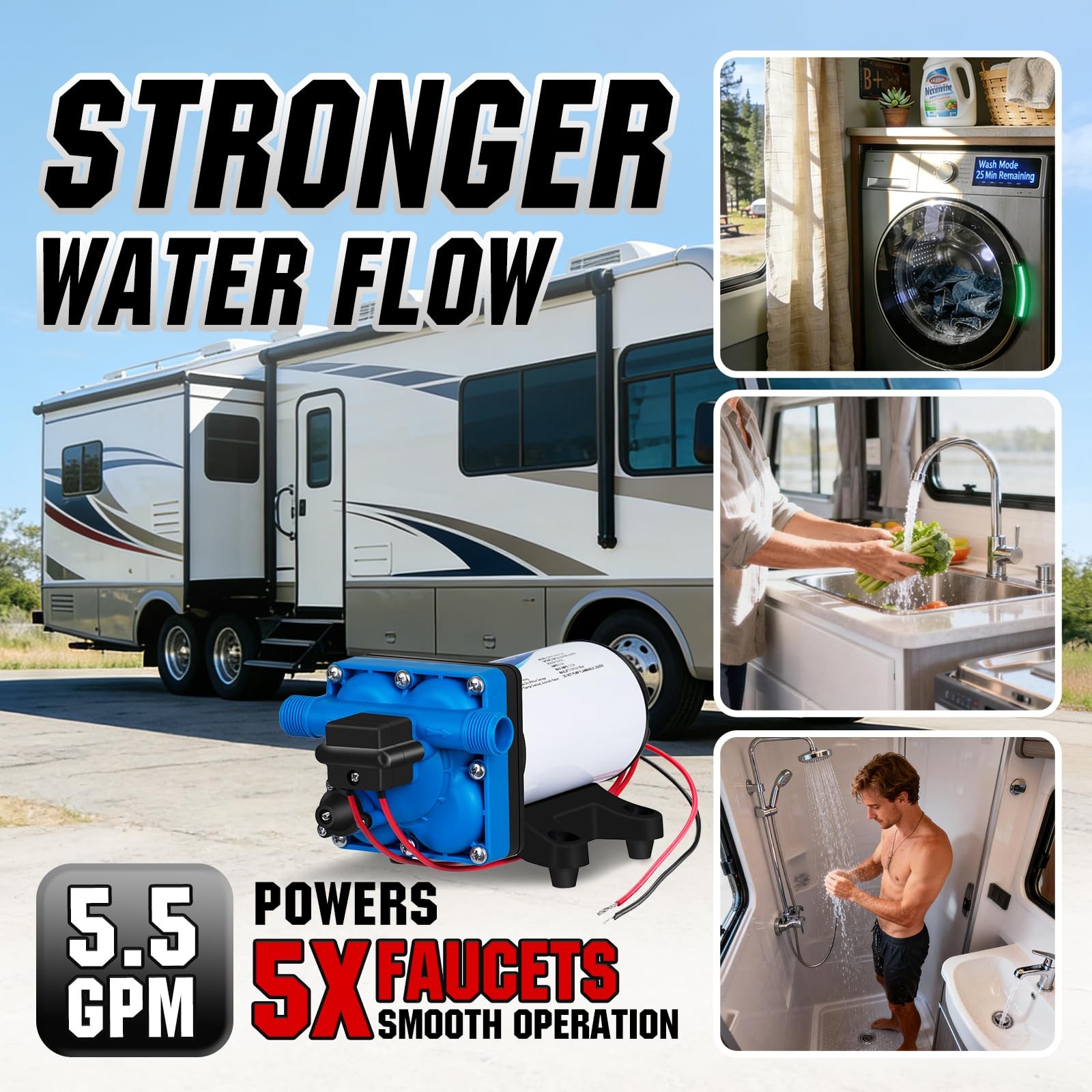 4-Chamber RV Water Pump 12 V 5.5 GPM 70 PSI, Blue-white