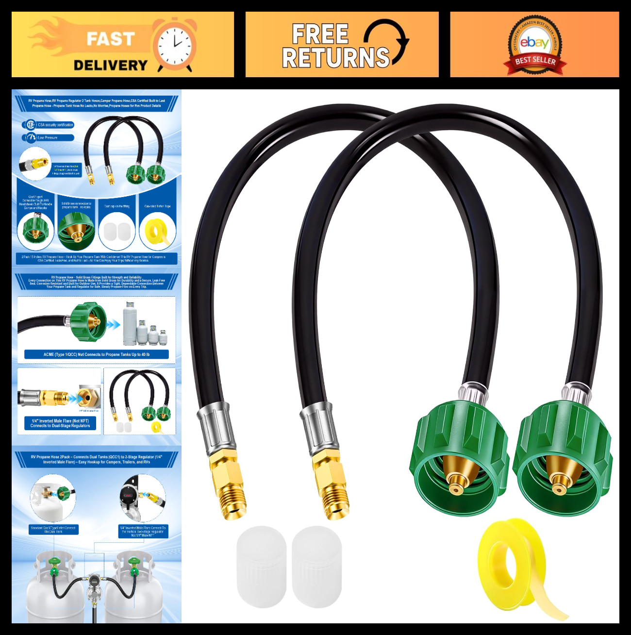 15″ RV Propane Hose 2-Pack – 1/4″ Inverted Male Flare & QCC1 Type – Dual Tank BB