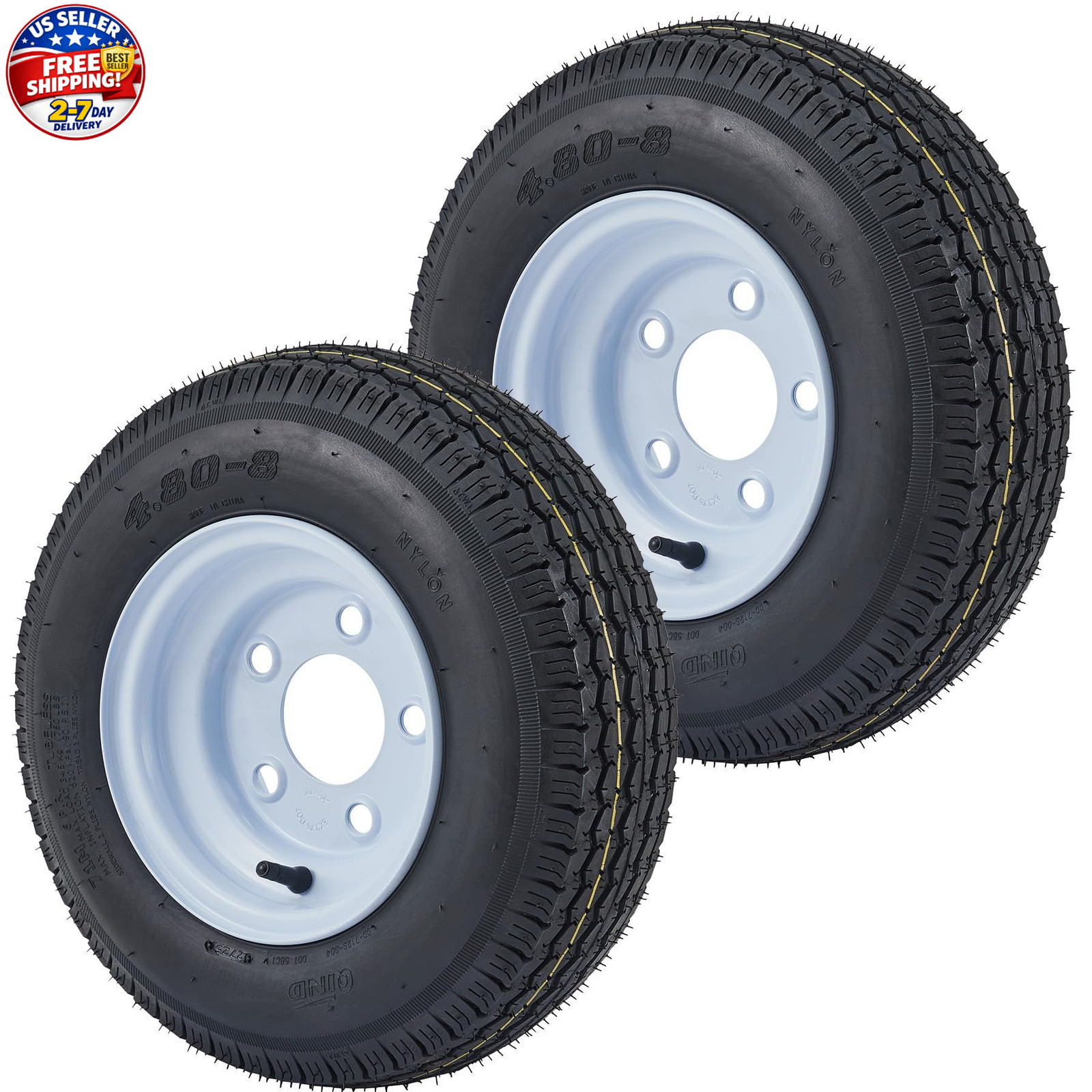 2 Pack 4.80-8 4.80×8 480-8 Trailer Tires with 8 inch Rims, 5 Lug on 4.5 inch, Ce