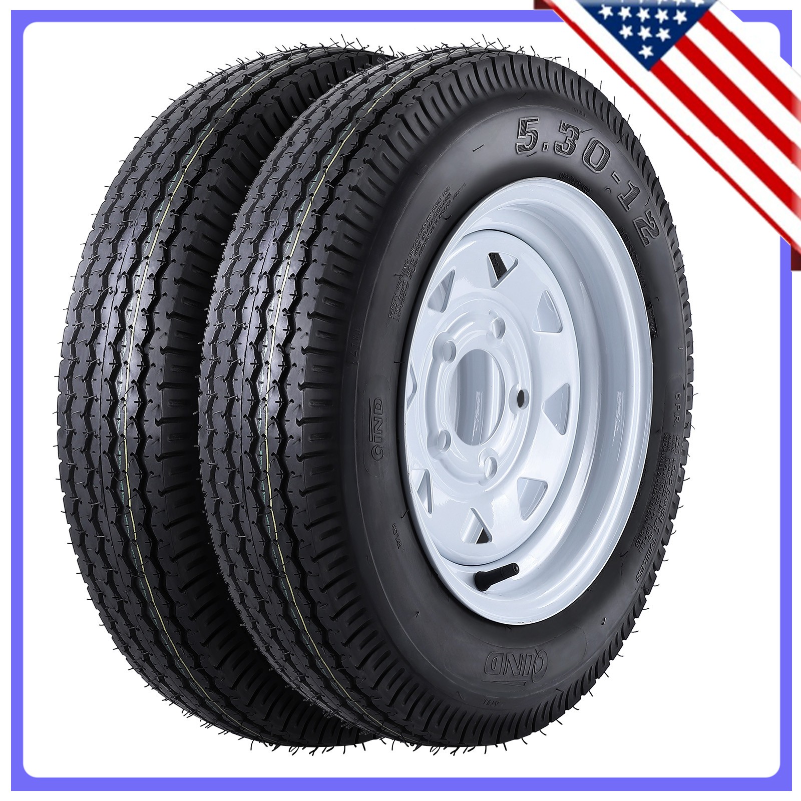2 Trailer Tires For Light Trailer Replacement 5.30-12 6PR QD712/S 5-bolt Pattern