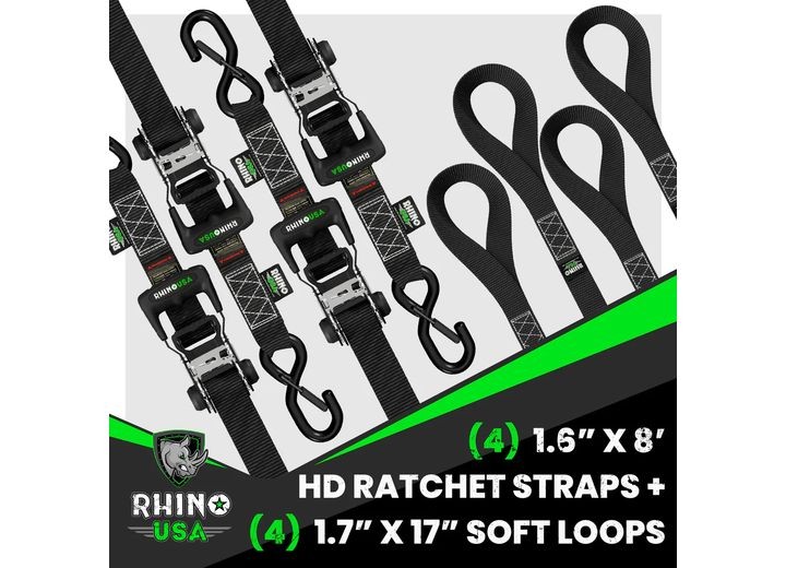 Rhino USA HD-RATCHETKIT-4PK 1.6″ x 8′ HD Ratchet Tie-Down Set (4-Pack)