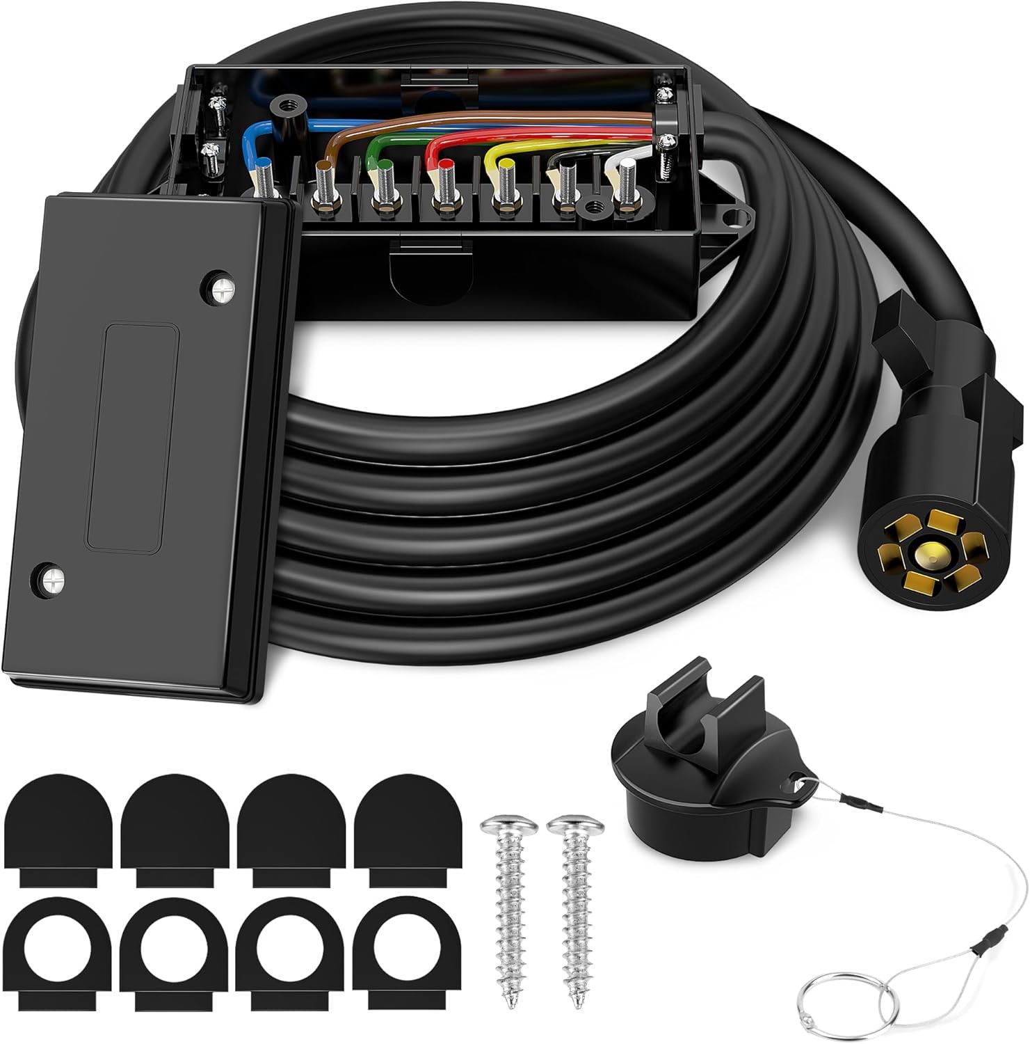 8-foot 7-pin trailer plug cable with 7-hole junction box