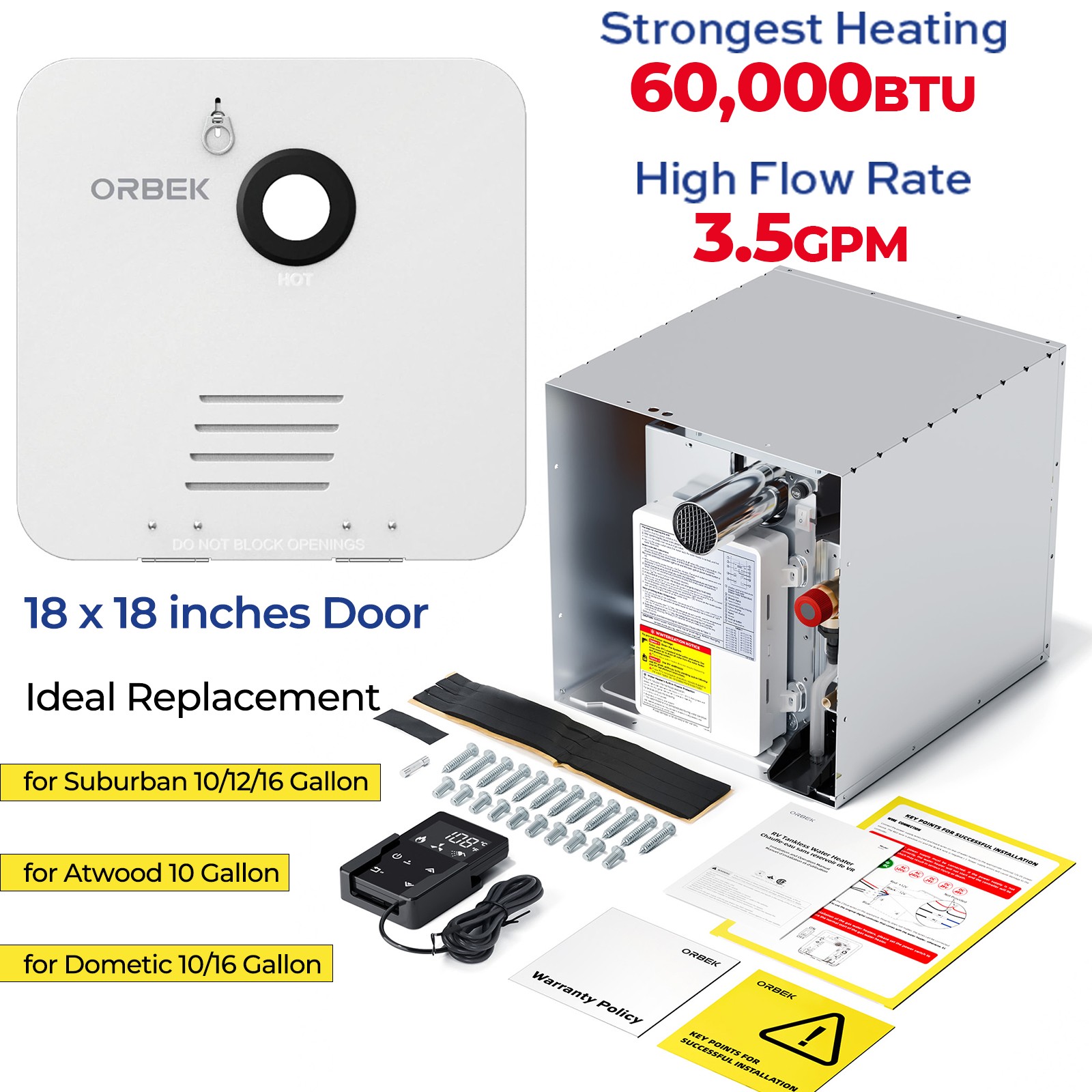 60,000 BTU RV Tankless Water Heater Instant Hot w/ 18”x18” Door + Controller