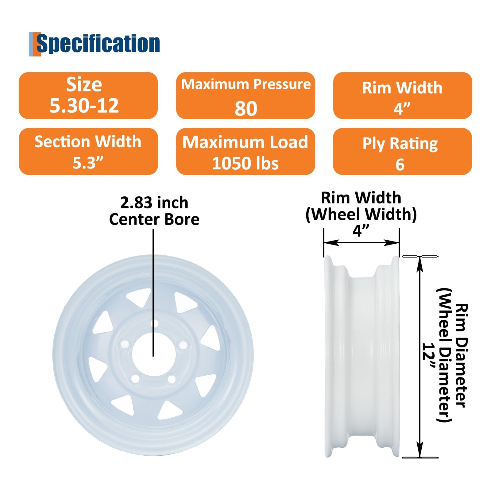 Set of 2 5.30-12 Trailer Tires w/ Rims 5.30×12 5.3-12 530-12, 5 Lug on 4.5″, 6PR