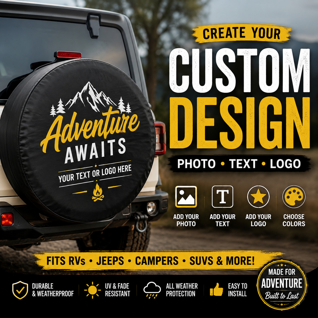 Custom Spare Tire Cover RV Trailer Camper SUV Jeep Fits 14 15 16 17 inch rims