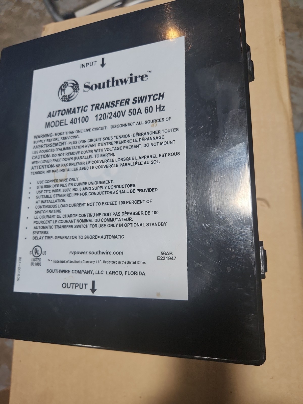 Southwire 40100 Automatic Transfer Switch 120/240V 50A 60HZ