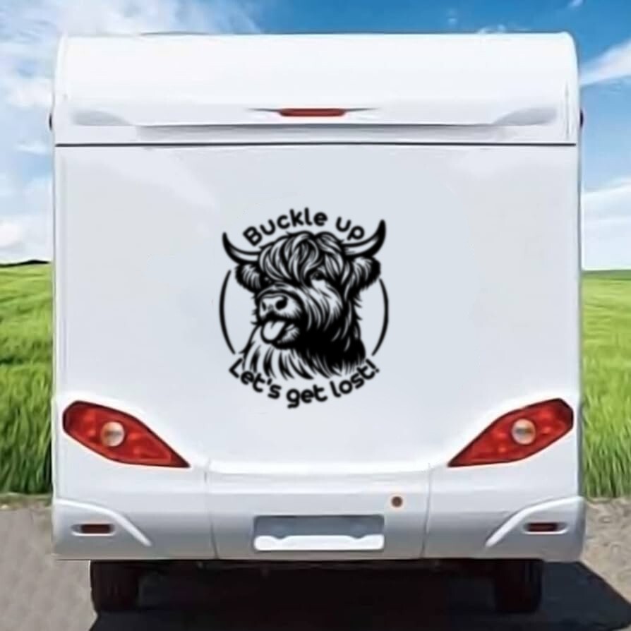 MOTORHOME CAMPER VAN CARAVAN STICKERS DECAL Highland Cow buckle up quote small