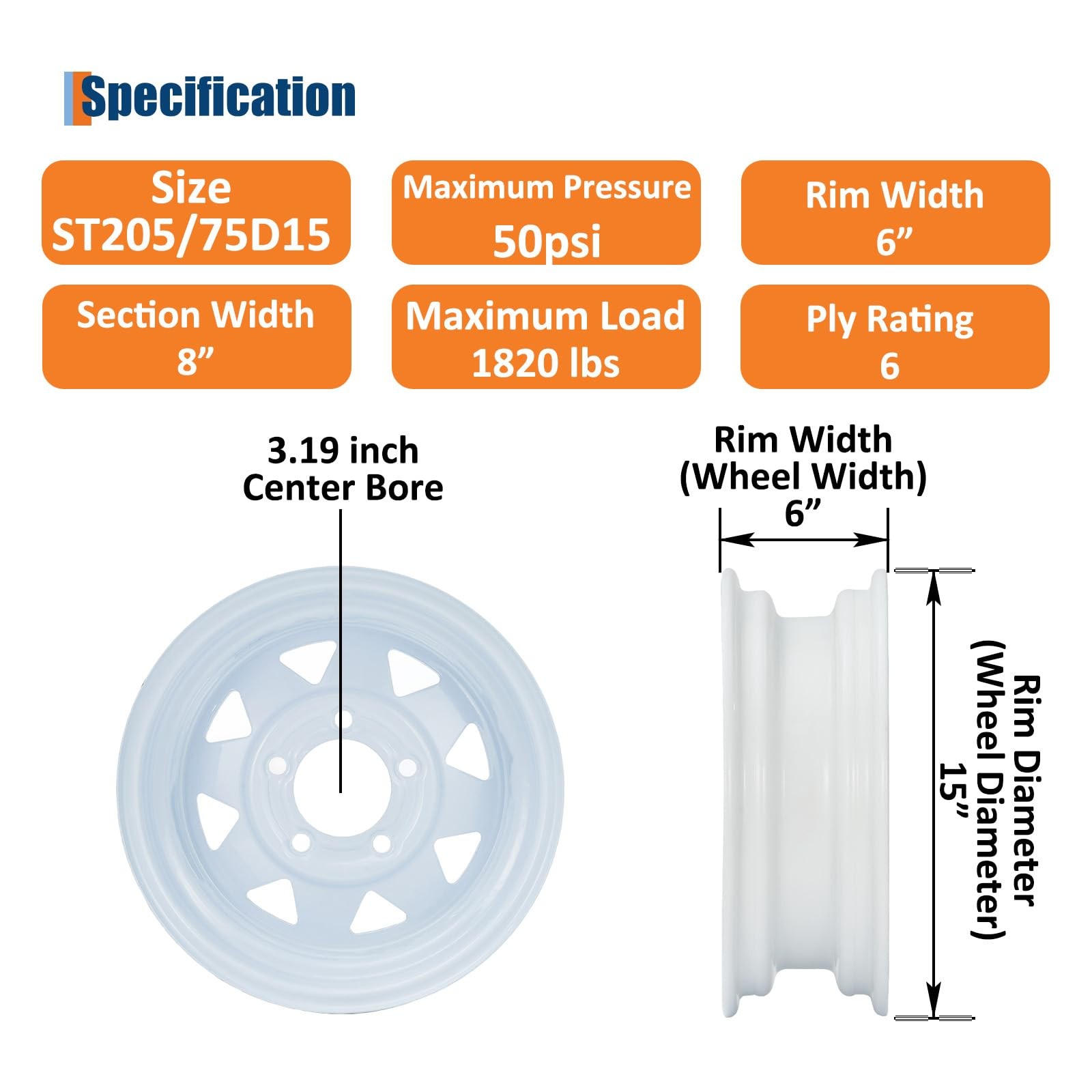 SET 4 ST205/75D15 Trailer Tire 5-Lug White Rim 15″ 1820LBs Capacity Replacement
