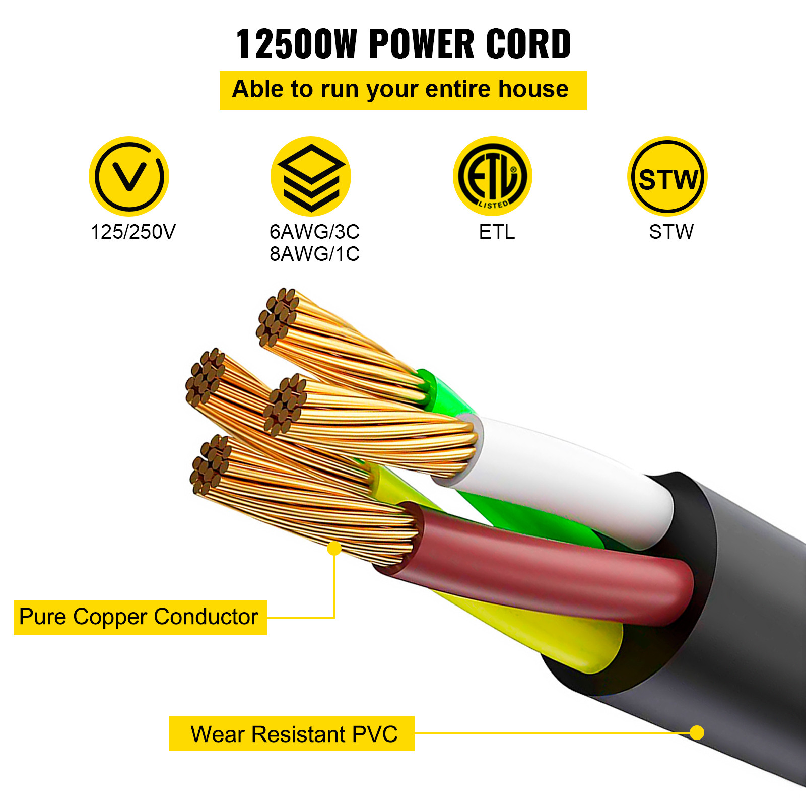 VEVOR 50A 25ft RV Extension Cord NEMA14-50P to NEMA14-50R Rain Proof Power Cable