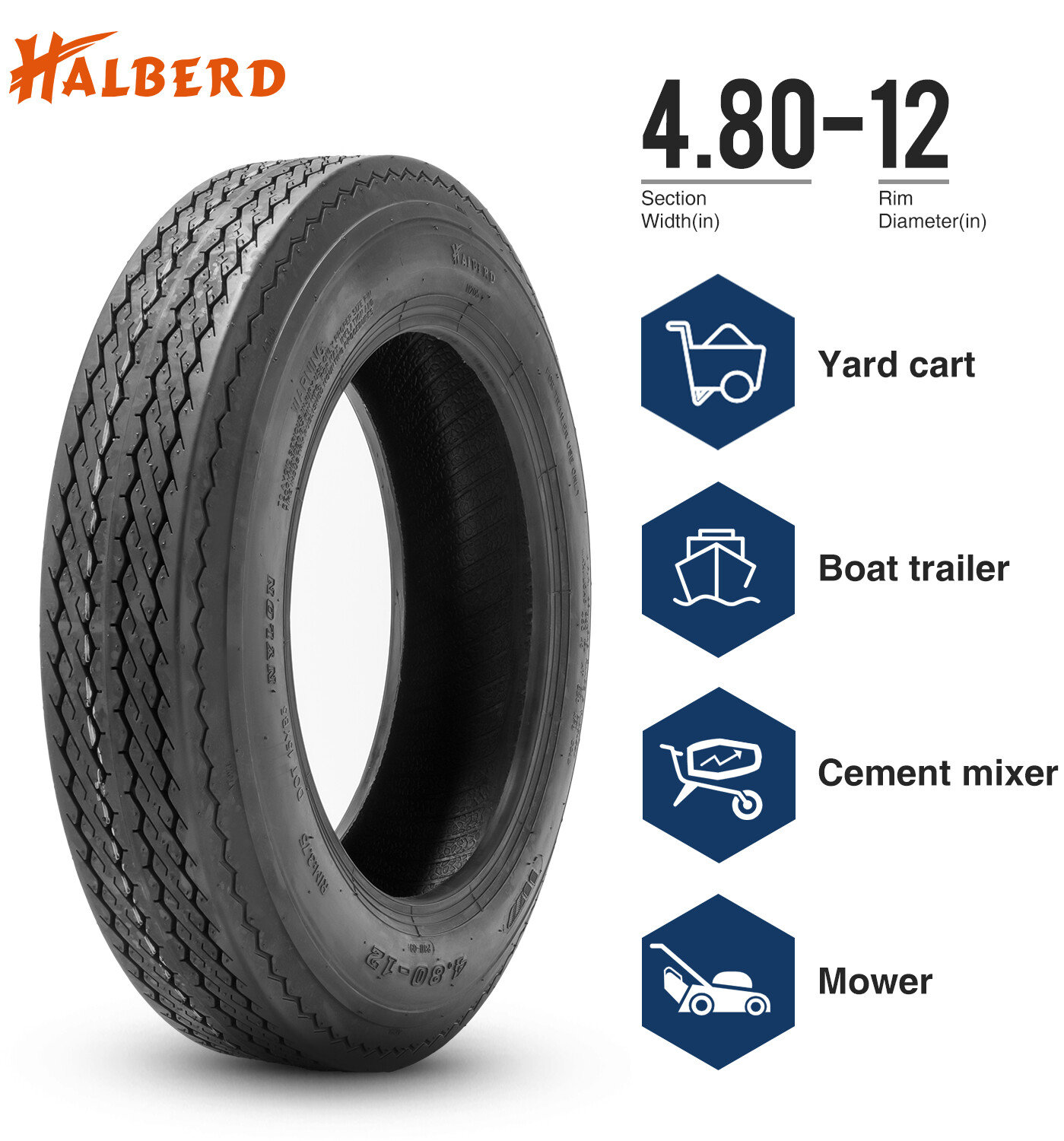 Halberd 6 Ply 4.80-12 Trailer Tire 4.80×12 4.8-12 480-12 Load Rang C Replacement