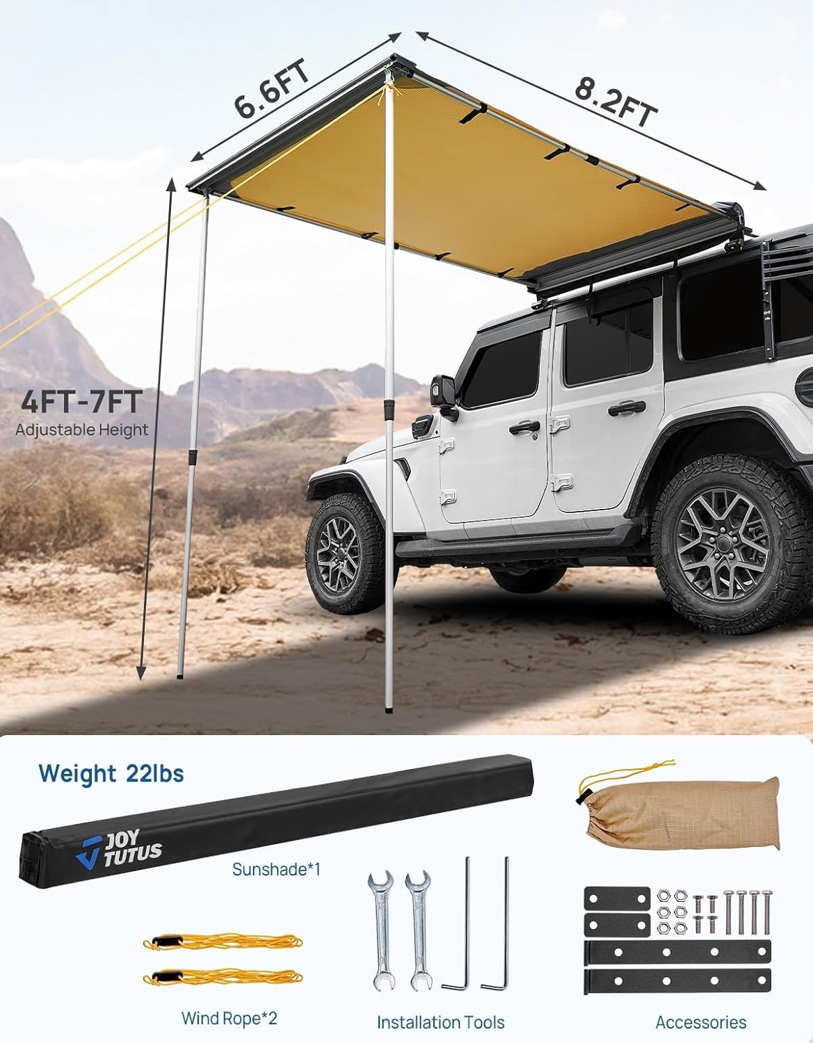 JOYTUTUS Vehicle Awning 6.6’x8.2′ Roof Rack 6.6'x8.2', Orange