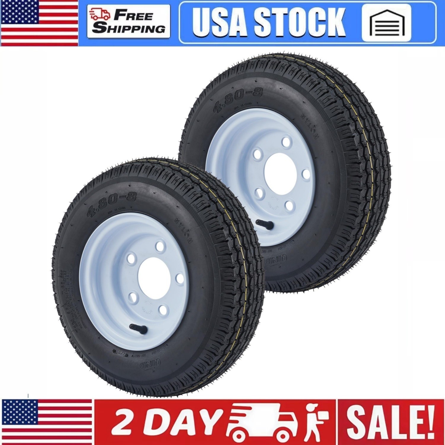 4.80-8 4.80×8 480-8 4.80-8 Trailer Tires with 8″ Rims 5 Lug on 4.5″ Set of 2
