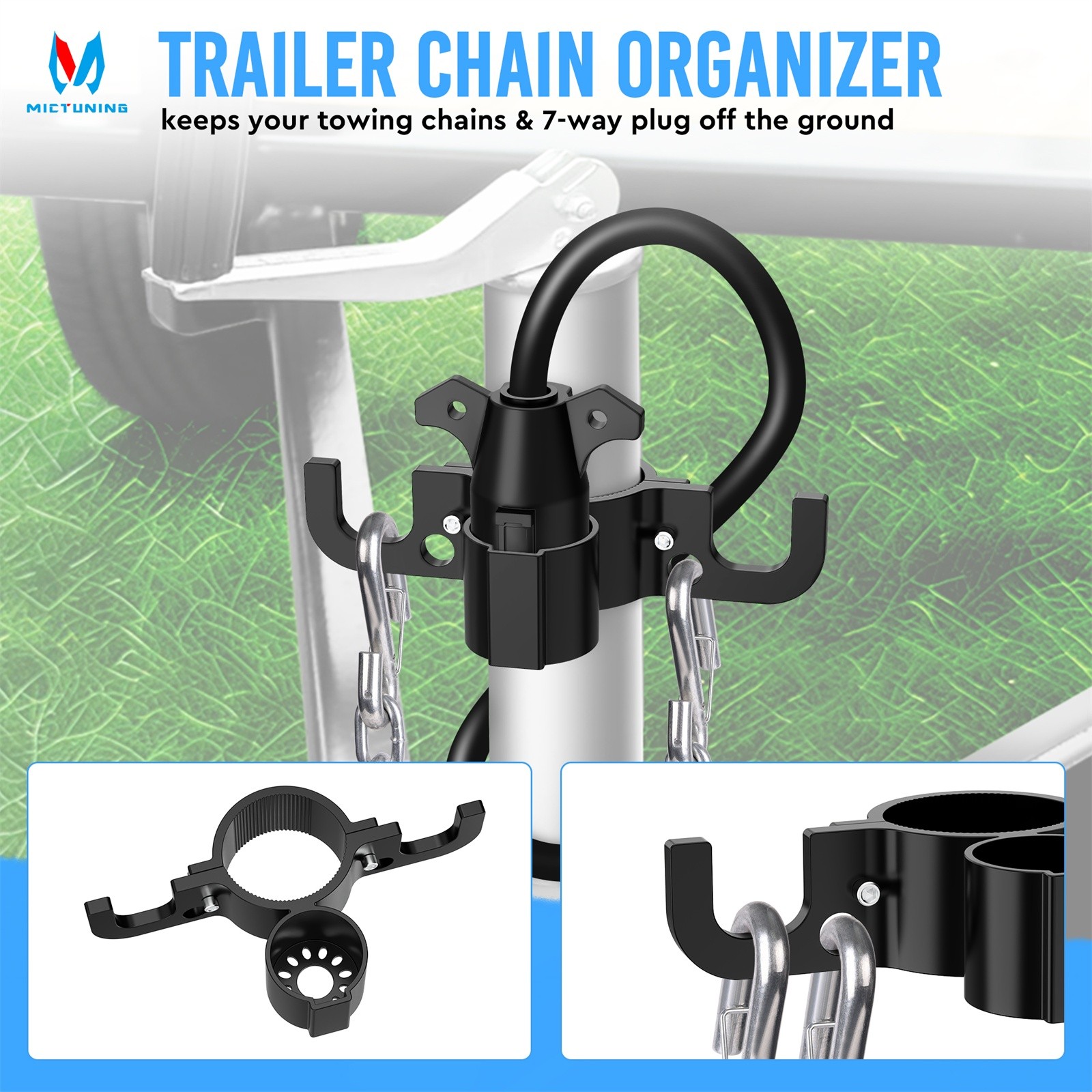 Upgraded Aluminum RV Trailer Towing Chain Organizer & 7-Way Plug Holder