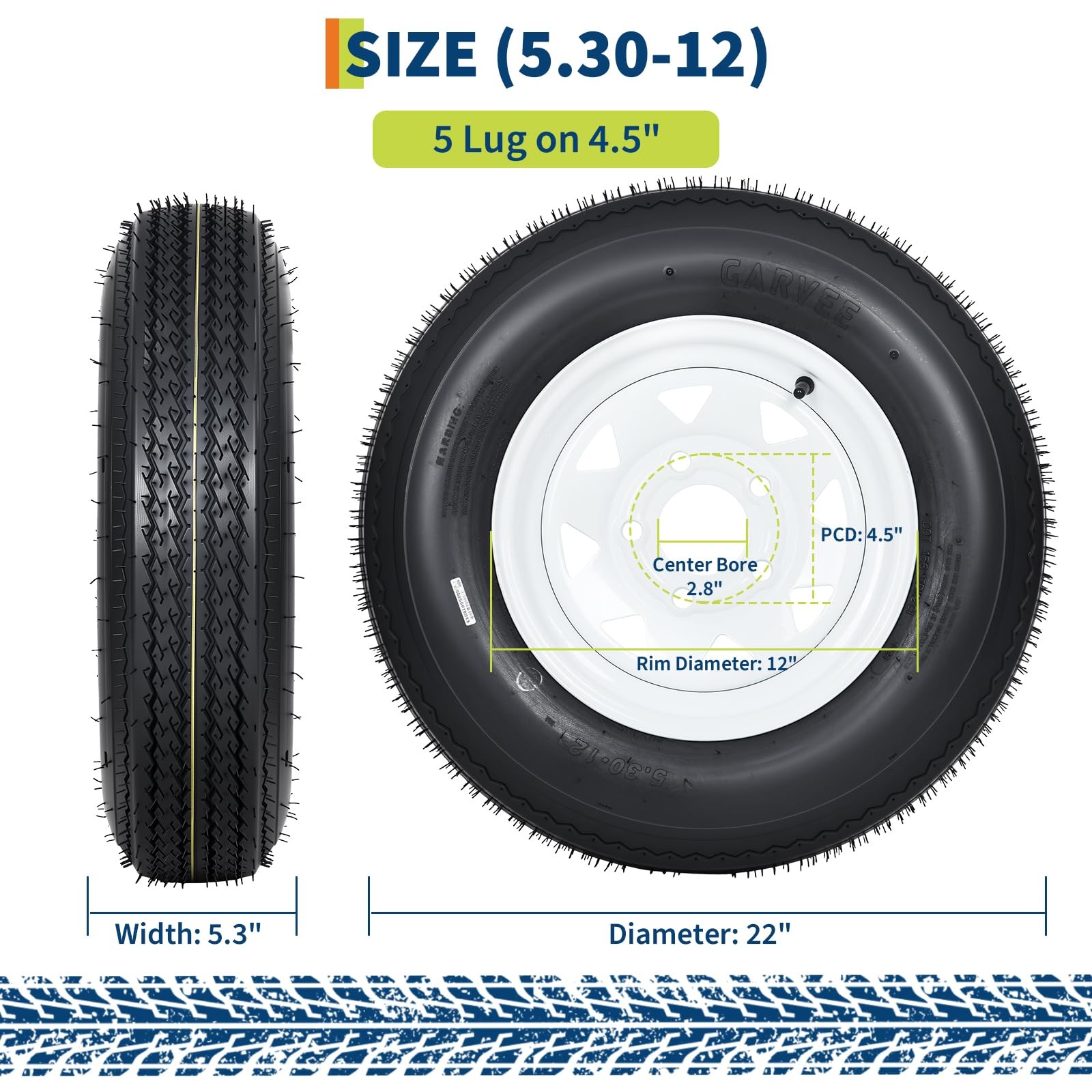 Set of 2 5.30-12 530-12 530X12 Trailer Tire and Wheel Assembly 5 lug 4.5″ PCD