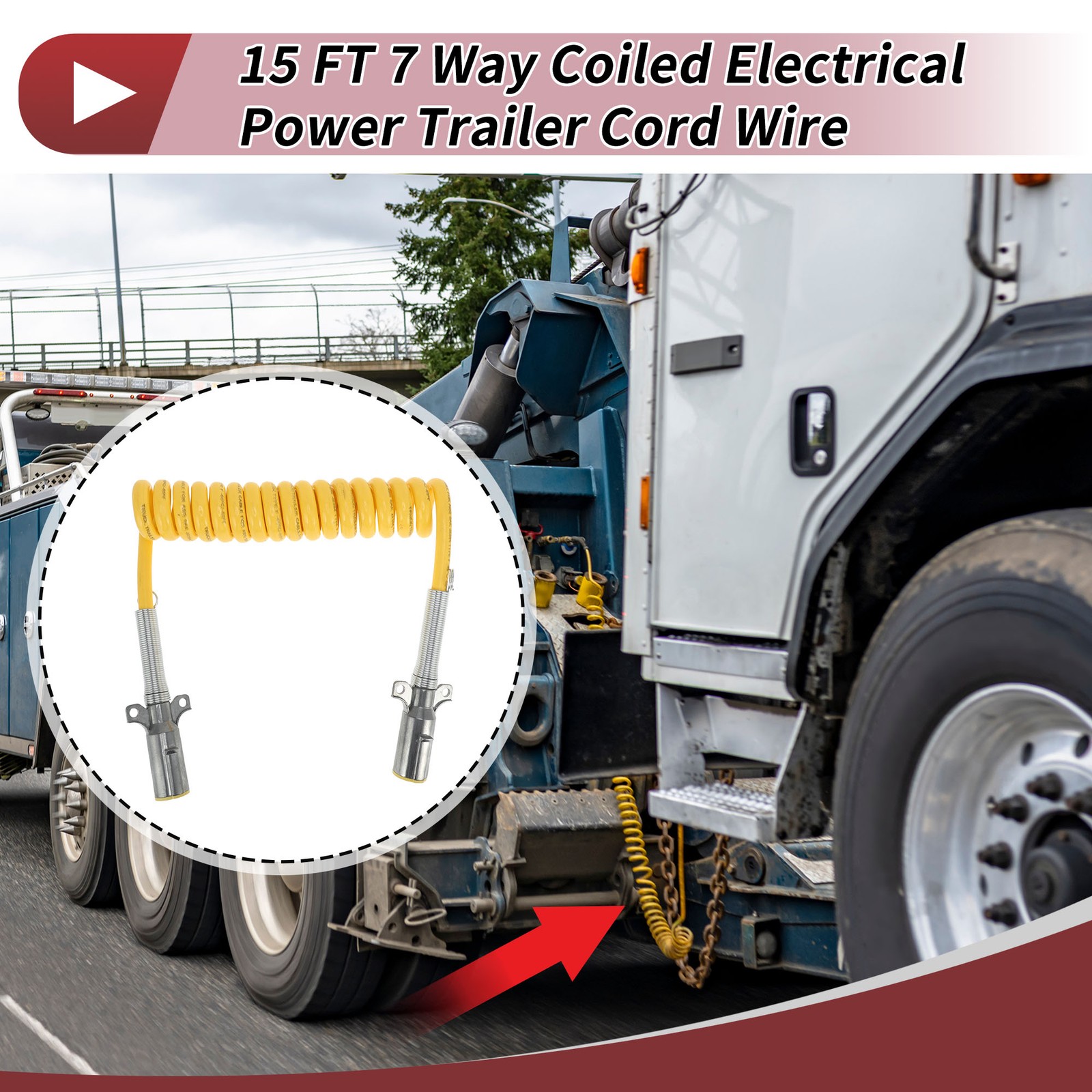 15 Feet 7 Way Coiled Electrical Power Trailer Cord Wire Zinc Alloy Male Plug