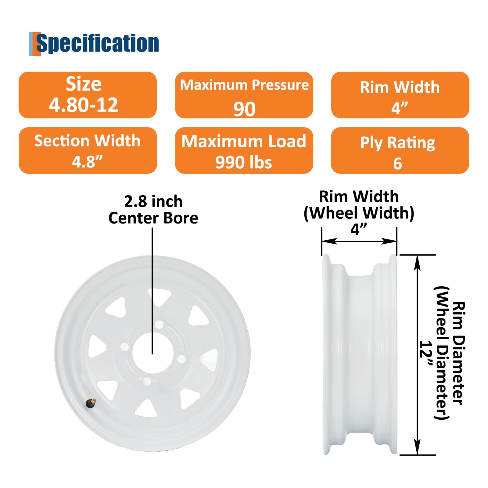 4.80-12 480X12 Trailer Tire and Wheel Assembly 4 lug 4″ PCD White Modular Wheel