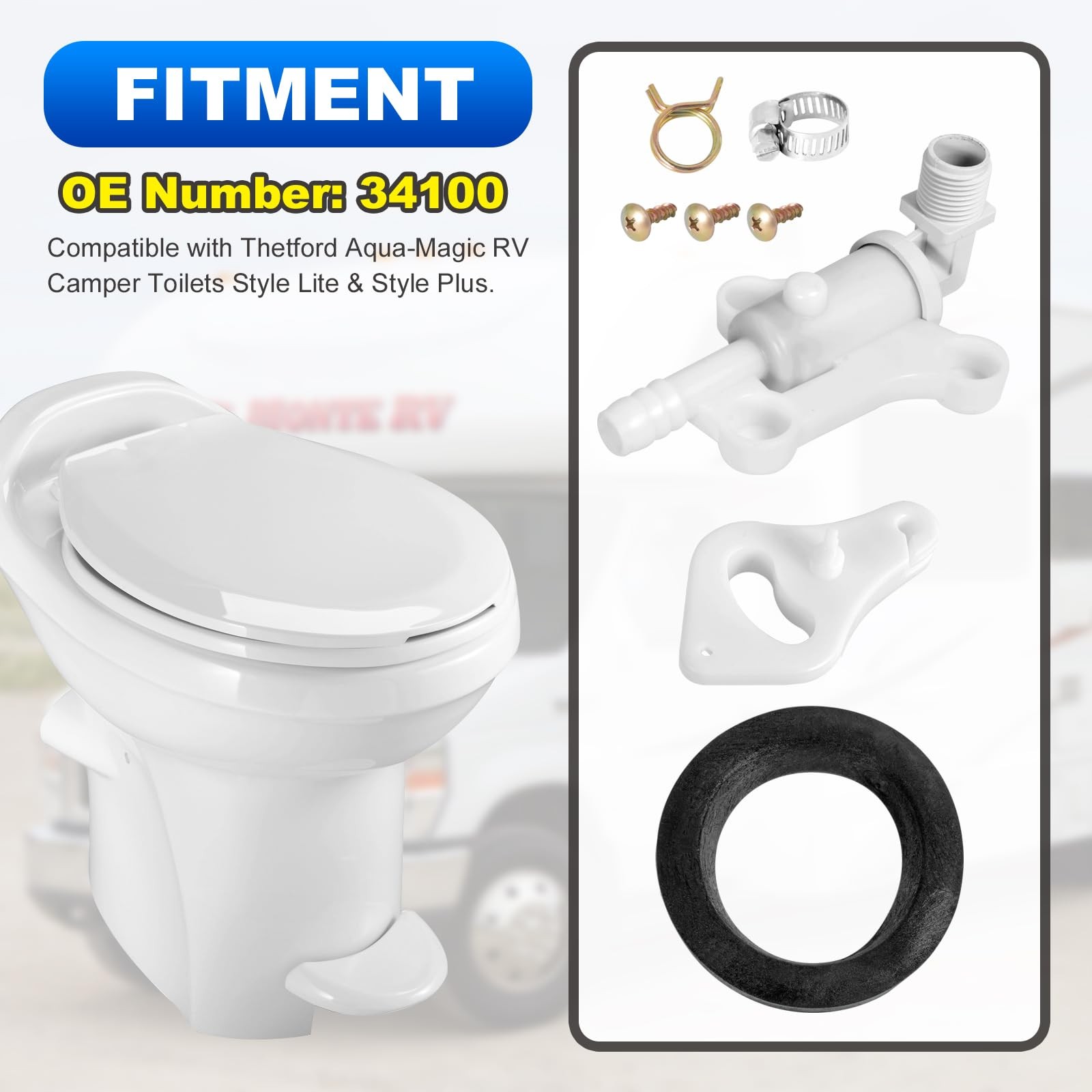 34100 RV Toilet Water Assembly Valves Kit with Hose Clamp White