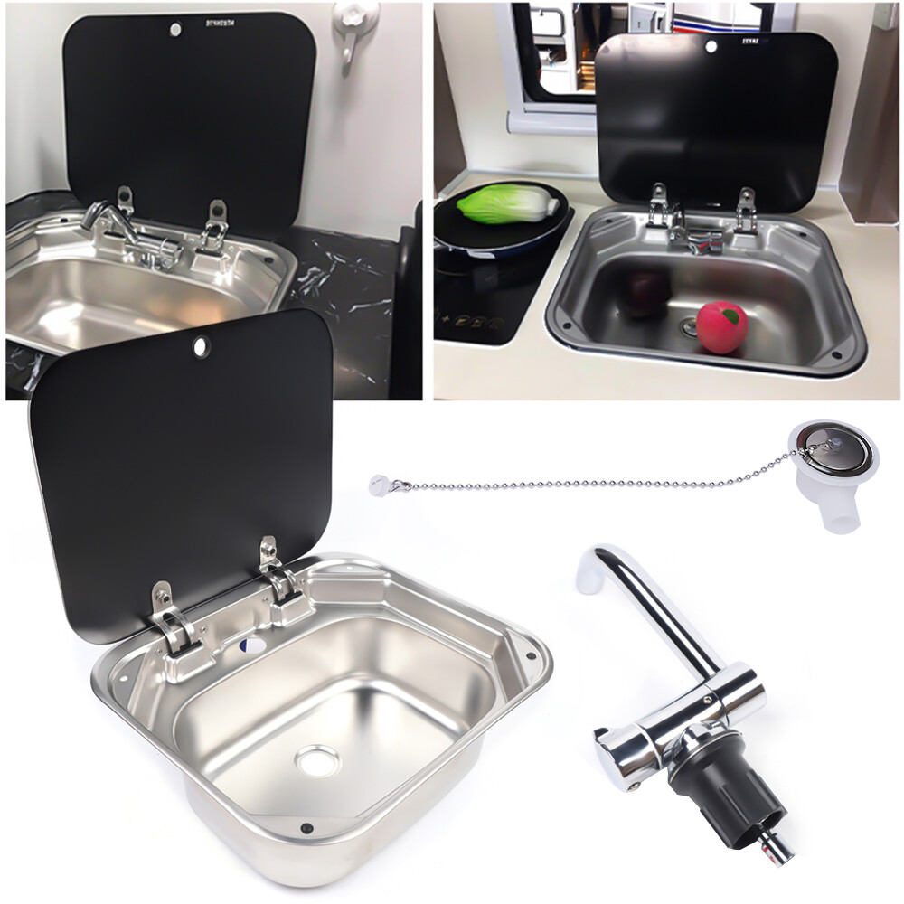 Stainless Steel RV Sink Kit Folding Square Outdoor Sink with Lid+Faucet Full Set