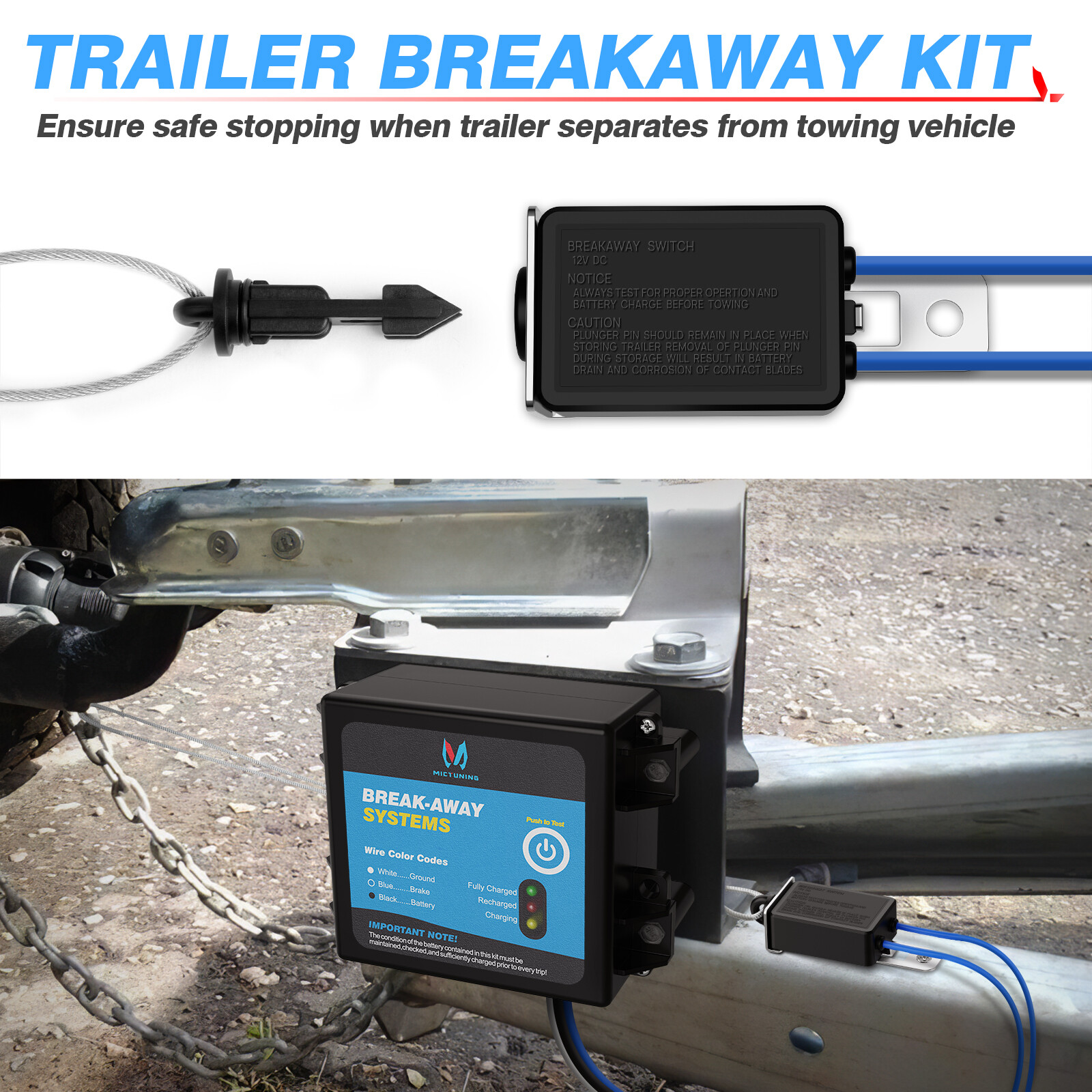 Trailer Break-Away Electric Brake System, Separation Runaway Kit w/LED Indicator