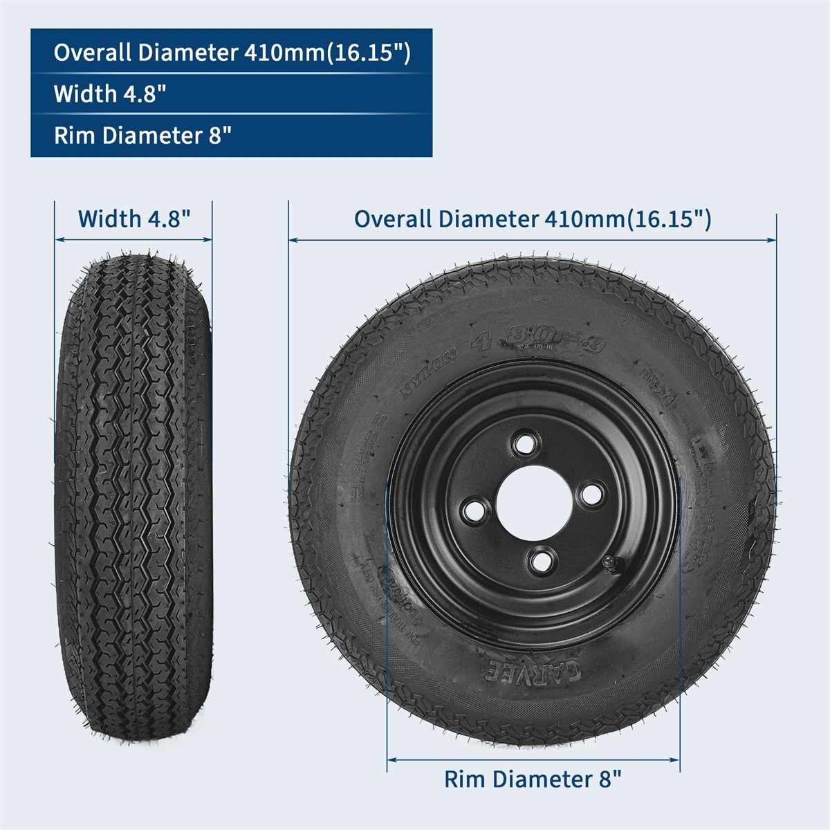 4PCS 4.80-8 480-8 4.80X8 Trailer Tires with 8″ Rims 4 Lug on 4″ Load Range C 6PR