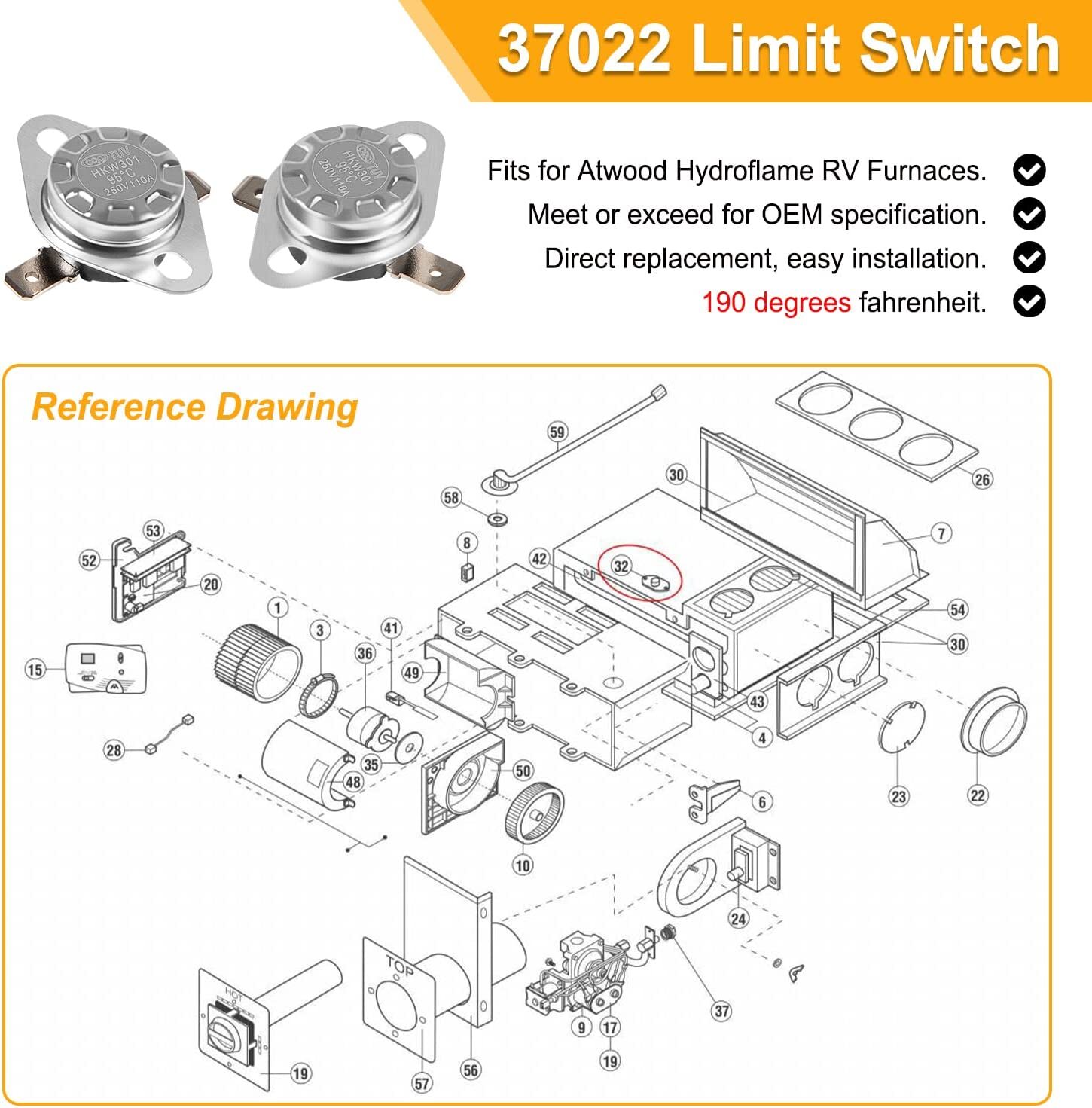 37022 Limit Switch Fits for Atwood RV Furnaces,85-III,85-IV, 1522,8525,8531-190℉