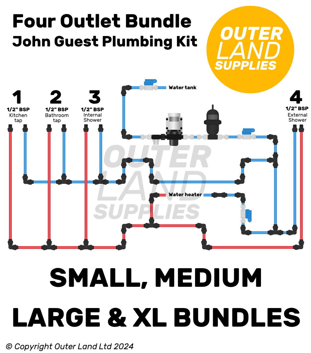 12V Shurflo Water Pump 4 Outlets John Guest 12mm Fittings Kit Caravan Campervan