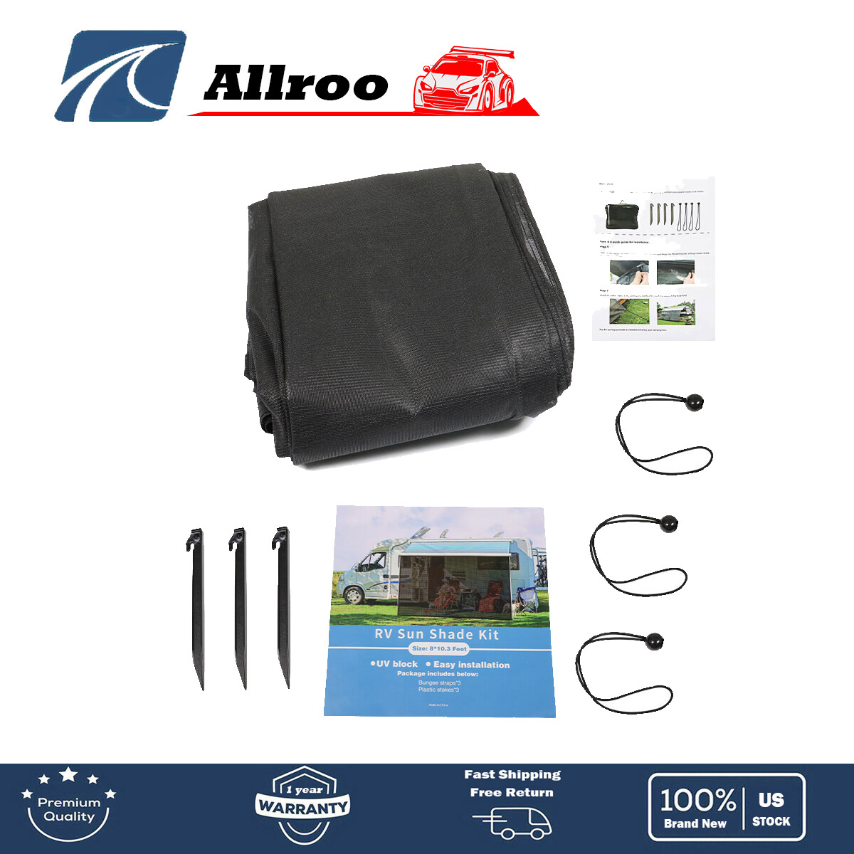 For Camping Trailer w/ Bag 90%RV Awning Sun Shade Black Mesh Screen Sunshade Kit