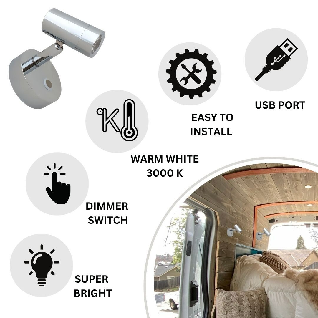 LED Reading Light 12V 24V Chrome Spotlight Touch Switch USB Caravan Boat Lamp