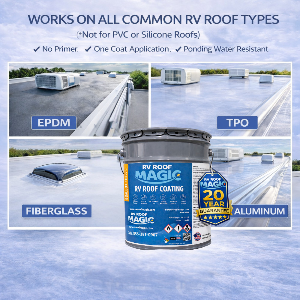 RV ROOF MAGIC – Fix RV Roof Leaks 4 Gallon Pail White Liquid Rubber Sealant Cove