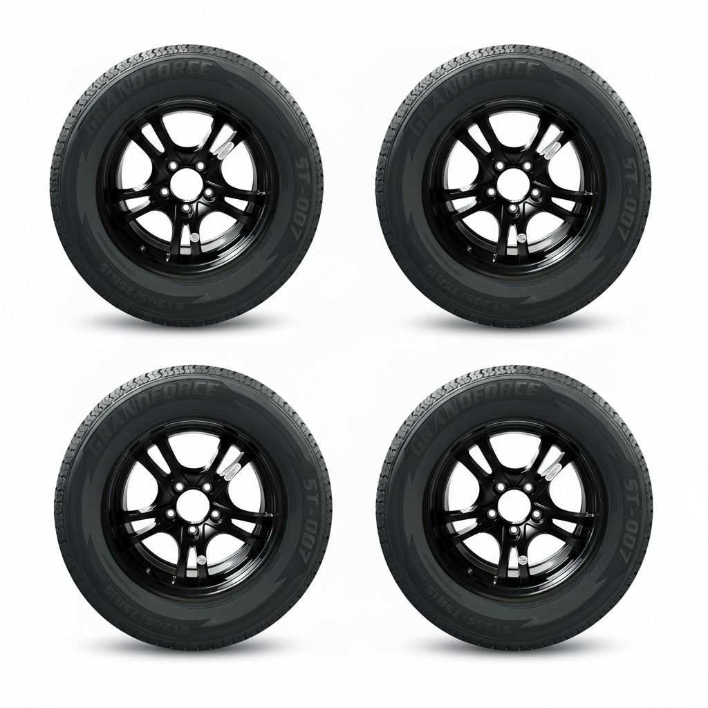 4PCS GRANDFORCE ST007 Trailer Tires ST205/75R15 on 15×5 5×4.5 Black Matt Wheels