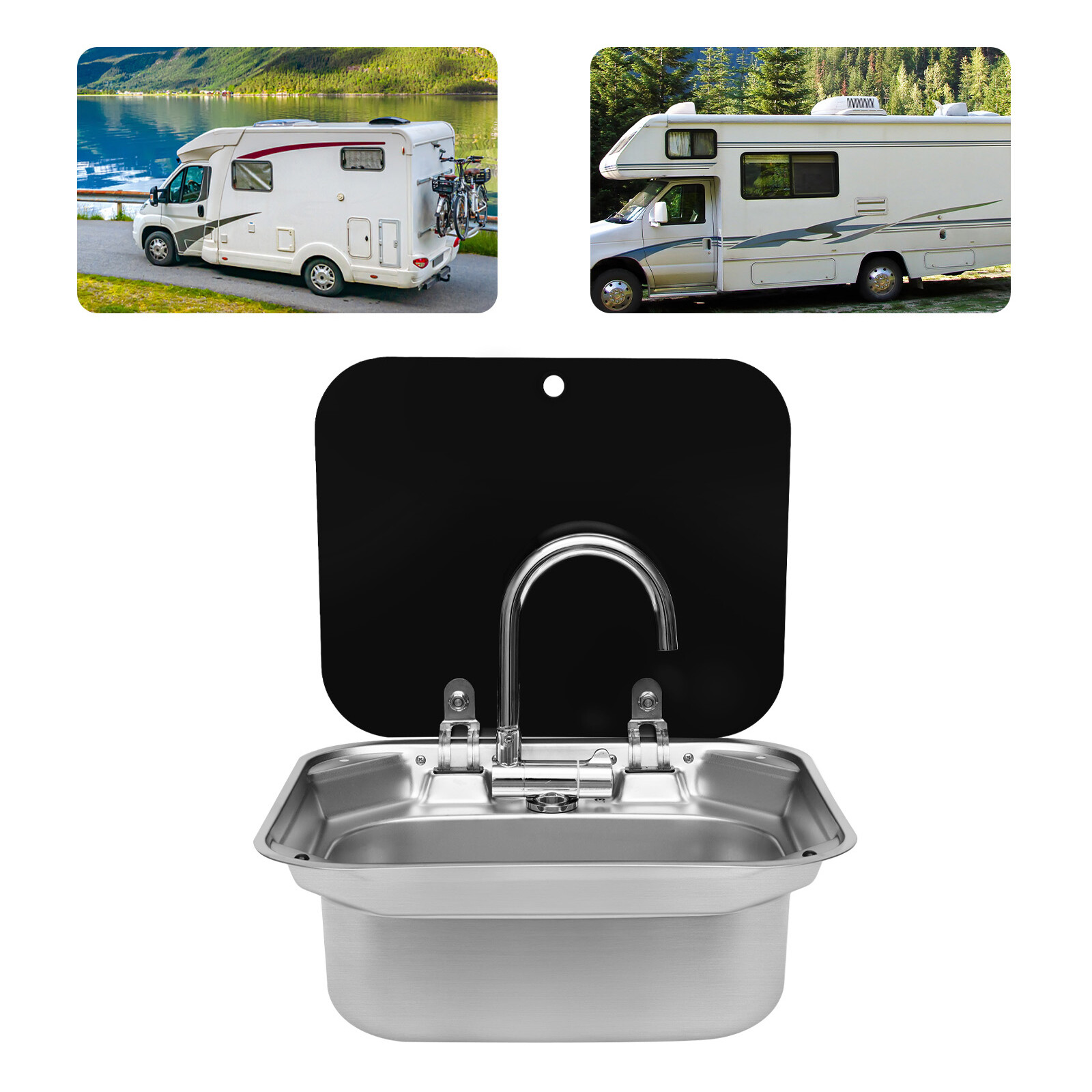 Folding RV Kitchen Sink Unit Square with Stainless Steel Faucet Lid Caravan