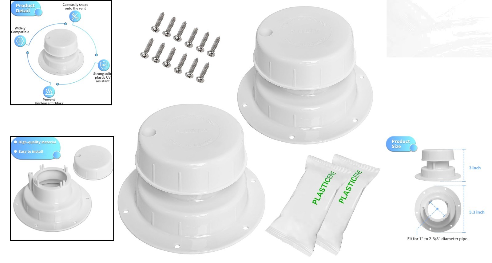 White RV Vent Cap Replacement – 2 Pack, Easy Installation for 1-2 3/8 Inch Pipes