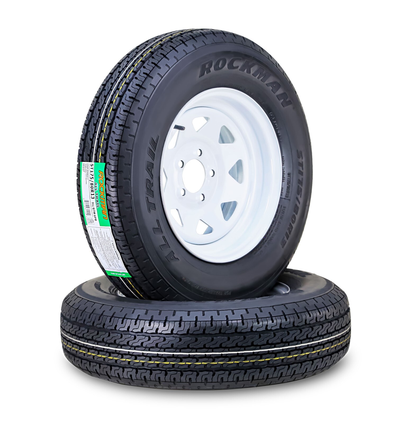 2 ROCKMAN Trailer Tire Wheel ST175/80R13 6-Ply C 91M 5 Lug on 4.5″ White Spoke