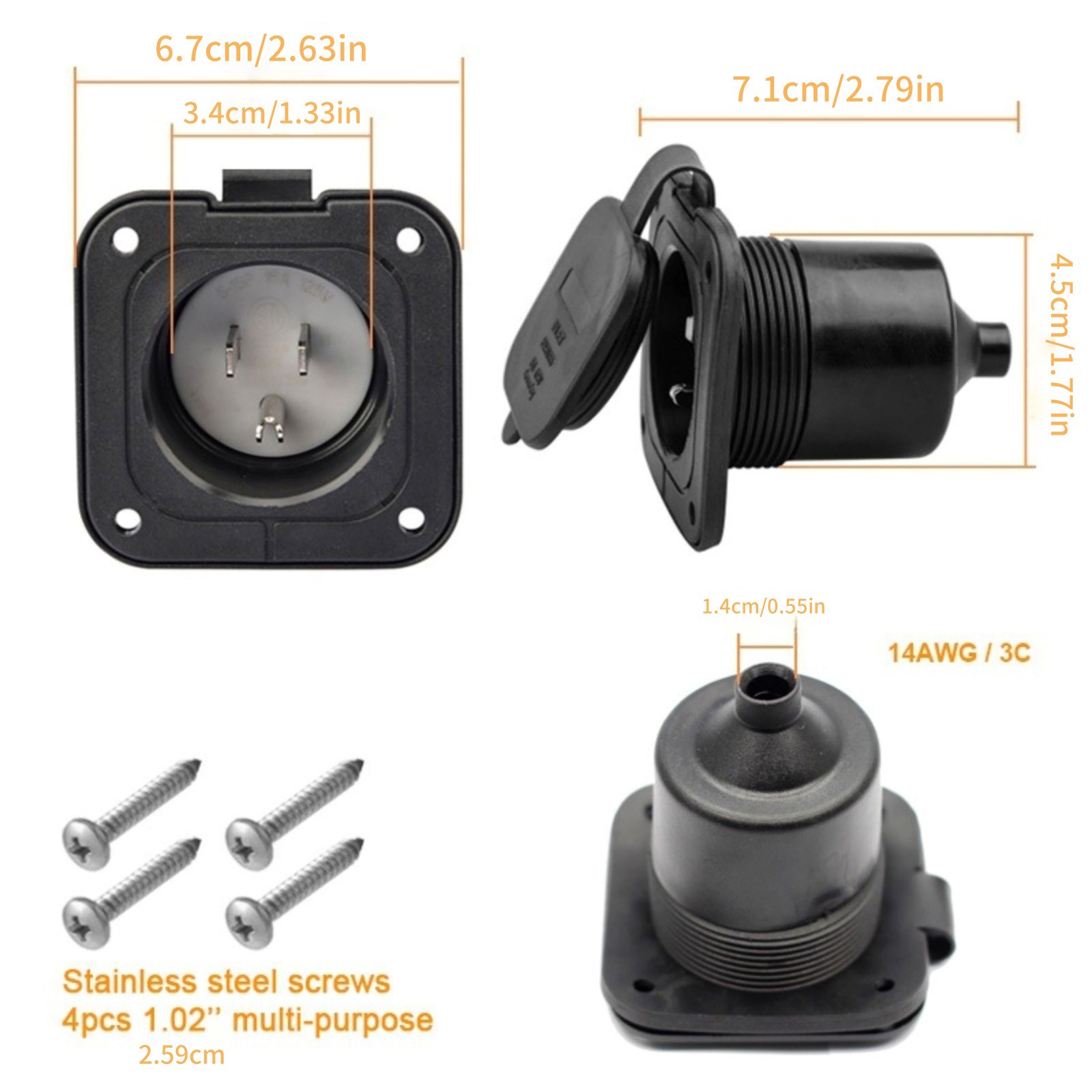 1× 15A 125V RV Power Inlet Receptacle with Waterproof Cap for Camper Marine Boat