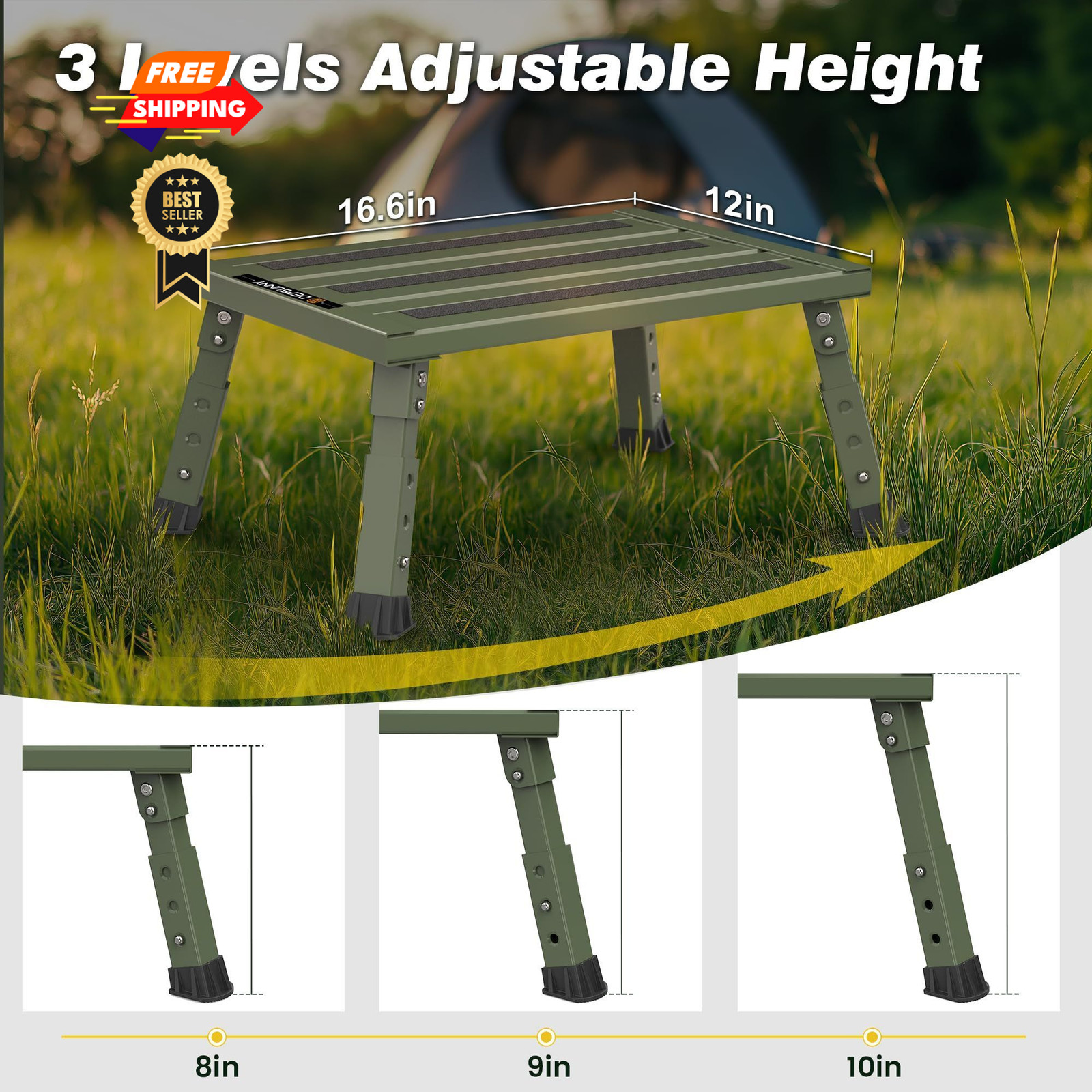 DEPSUNNY Adjustable RV Step Stool, Wide Platform, Foldable Legs, Army Green