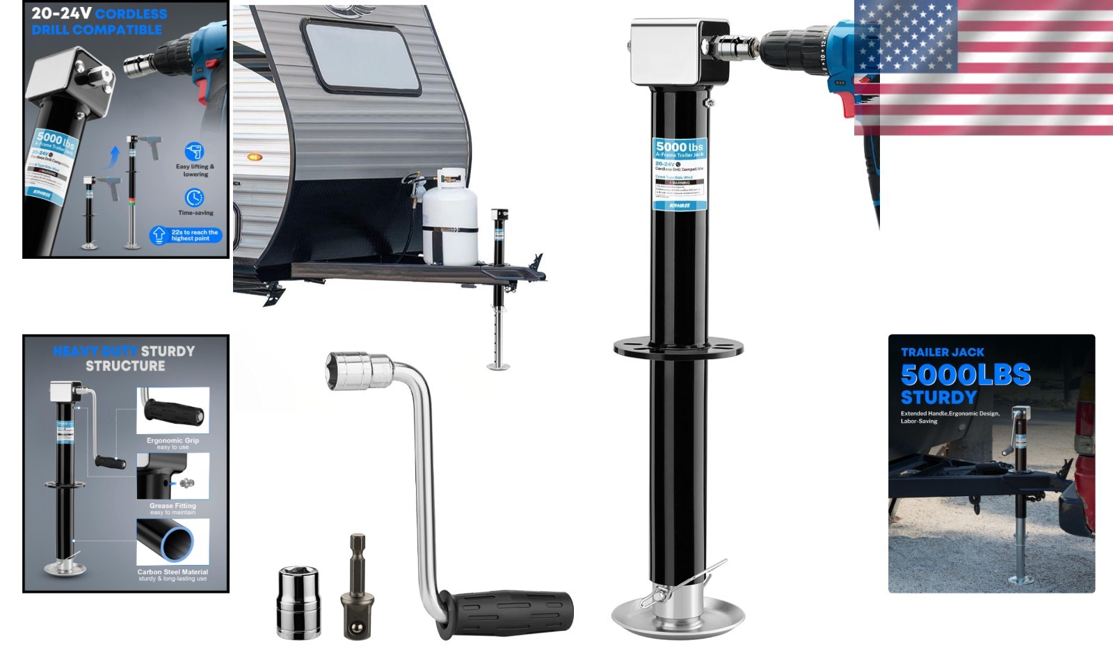 Kohree Upgraded 5000 lbs A-Frame Trailer Jack, 20-24V Cordless Drill Black