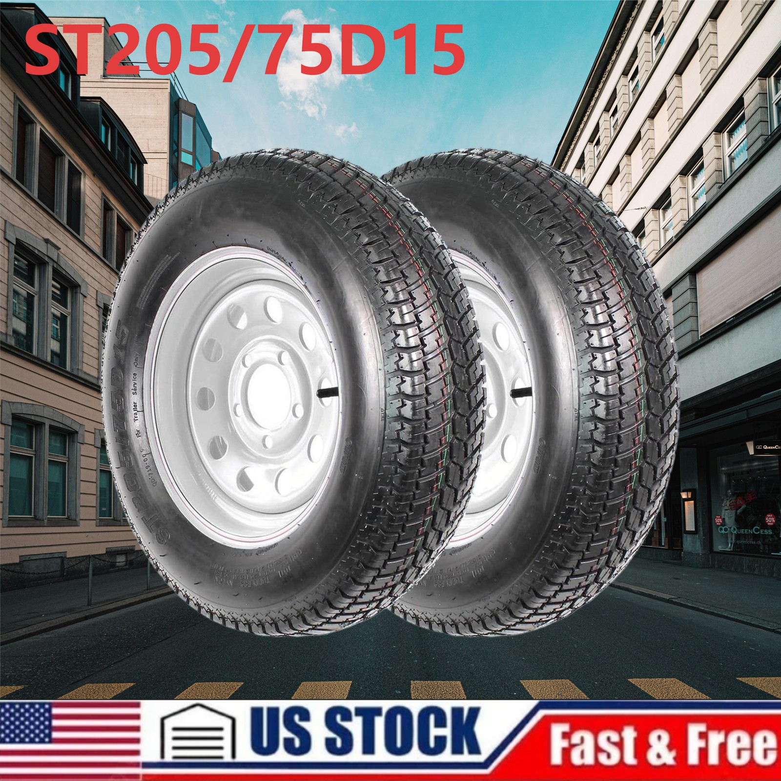 ⭐2Pack Trailer Tire On 15″ Rim ST205/75D15 205/75-15 Load Range C LRC 5 Lug Whee