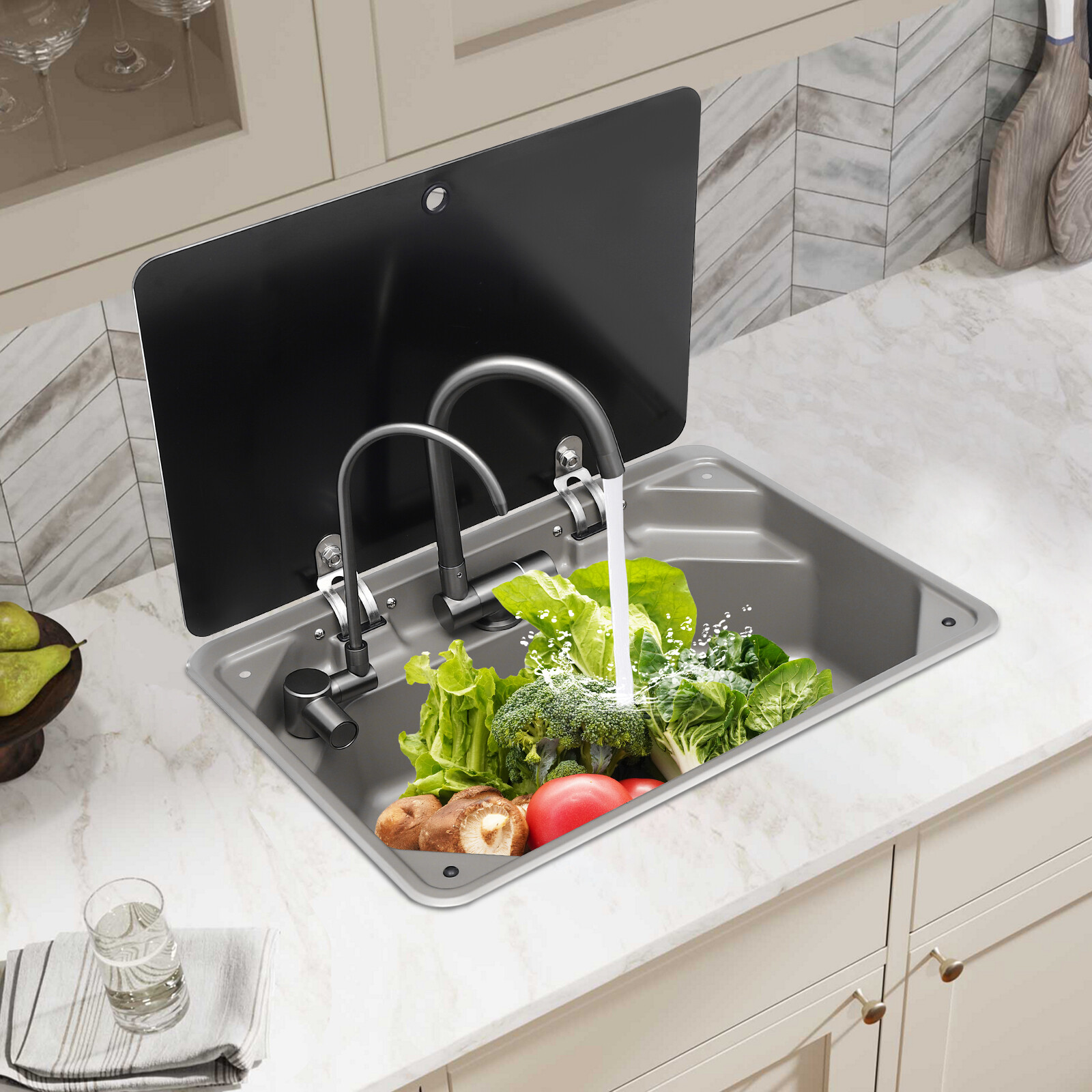 RV Sink with Rotatable Faucet and Tempered Glass Lid – Stainless Steel Basin