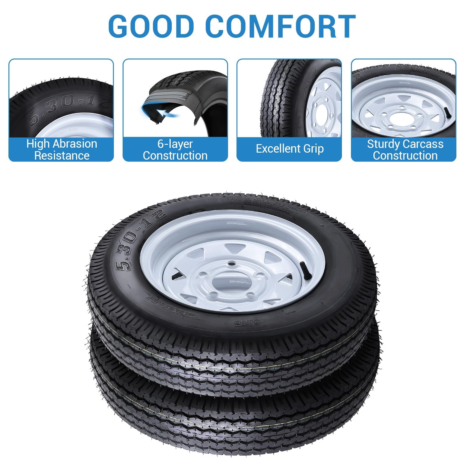 2Set 5.30-12 5.30×12 5.3-12 530-12 Trailer Tires with 12″ Rims 5 Lug on 4.5″ 6PR