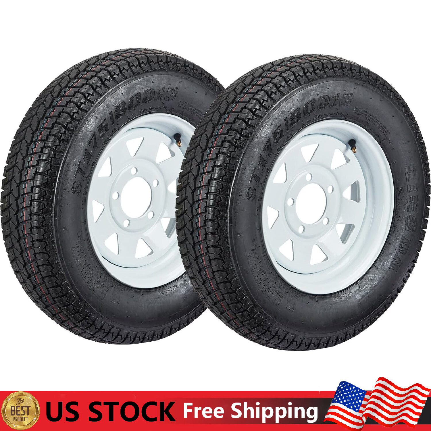 2PCS ST175/80D13 Trailer Tires with 13″ Rims 6PR 175 80 13 Tire 5 Lug 4.5″ Wheel