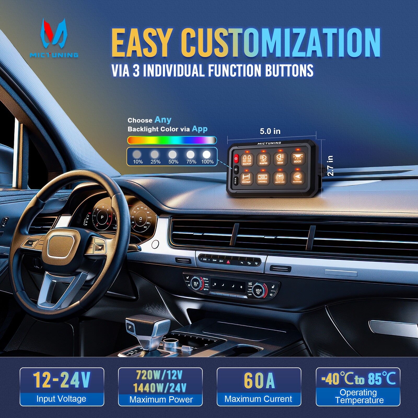 MICTUNING RGB 8 Gang Switch Panel – App Control Multifunction Toggle Switch Box