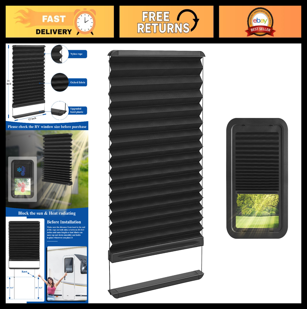 Replacement Thin Shade for RV Entry Door Window, 12×21 Inch, 1 Pack – Ideal for