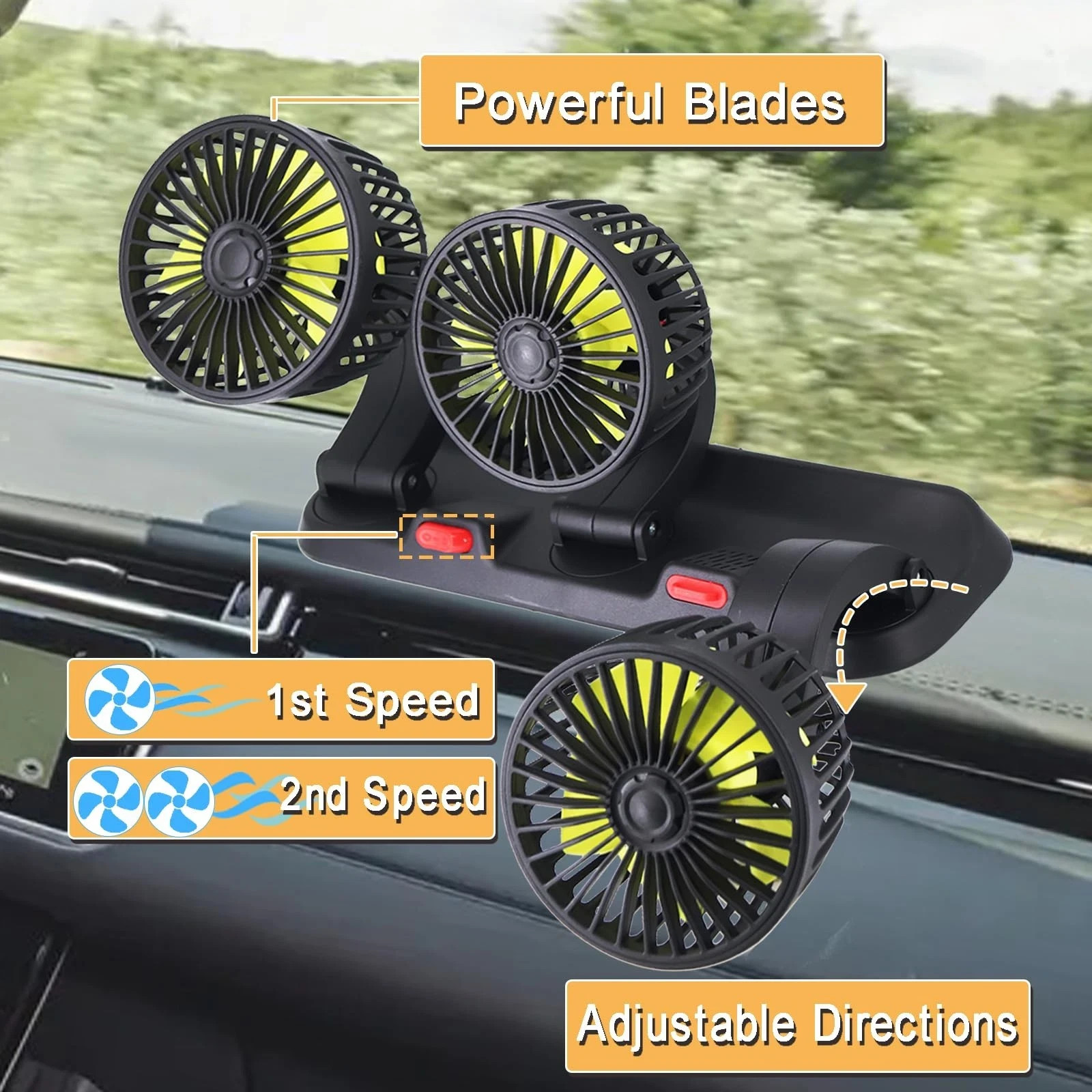 Triple-Head Car Fan 360° Rotation 12V Plug Compact AC Unit RV SUV Cabin Cooling
