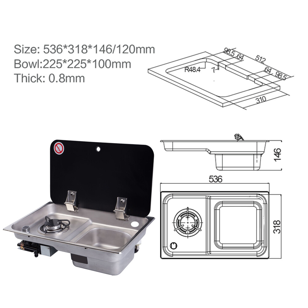 LPG 1 Burner Boat Caravan RV Camper Gas Stove Hob With Sink Combo Cooktop SS304