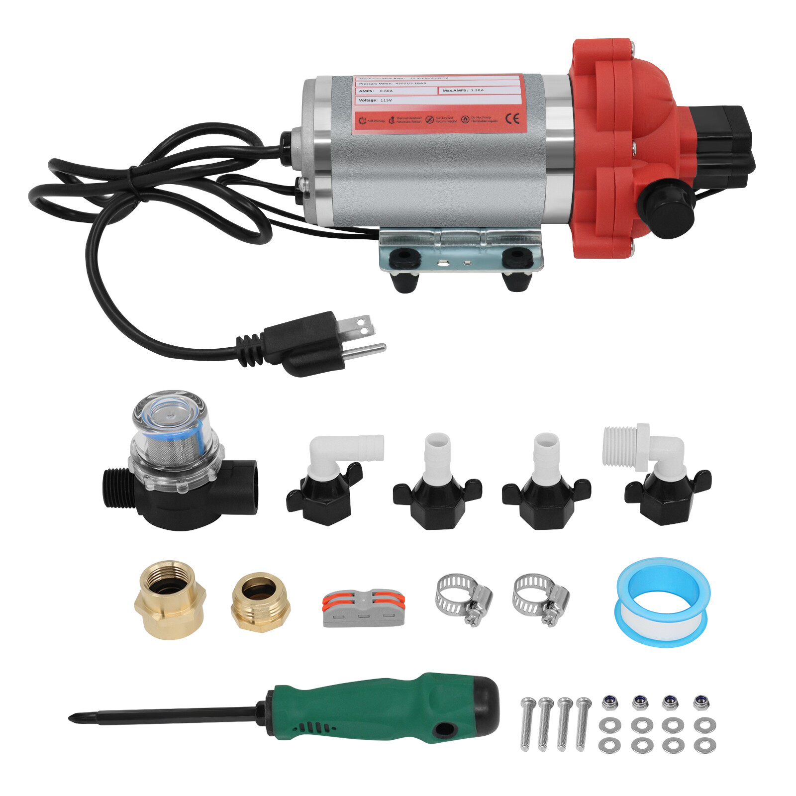 For RV Marine Kitchen 115V Water Diaphragm Pump 45 PSI 4 GPM Self-Priming Pump